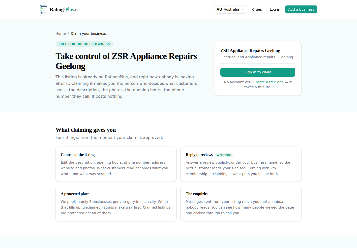 A RatingsPlus.net listing claim page with the Sign in to claim button