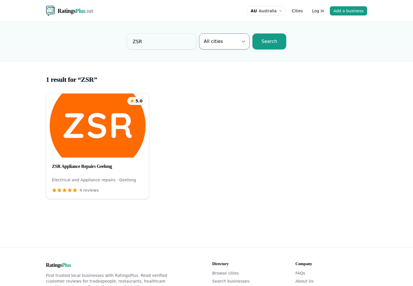 An example RatingsPlus.net listing search showing a matching result